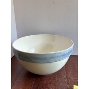 Large Heavy Ceramic Serving Bowl Cream with Blue Rim Band 12 Inch Round